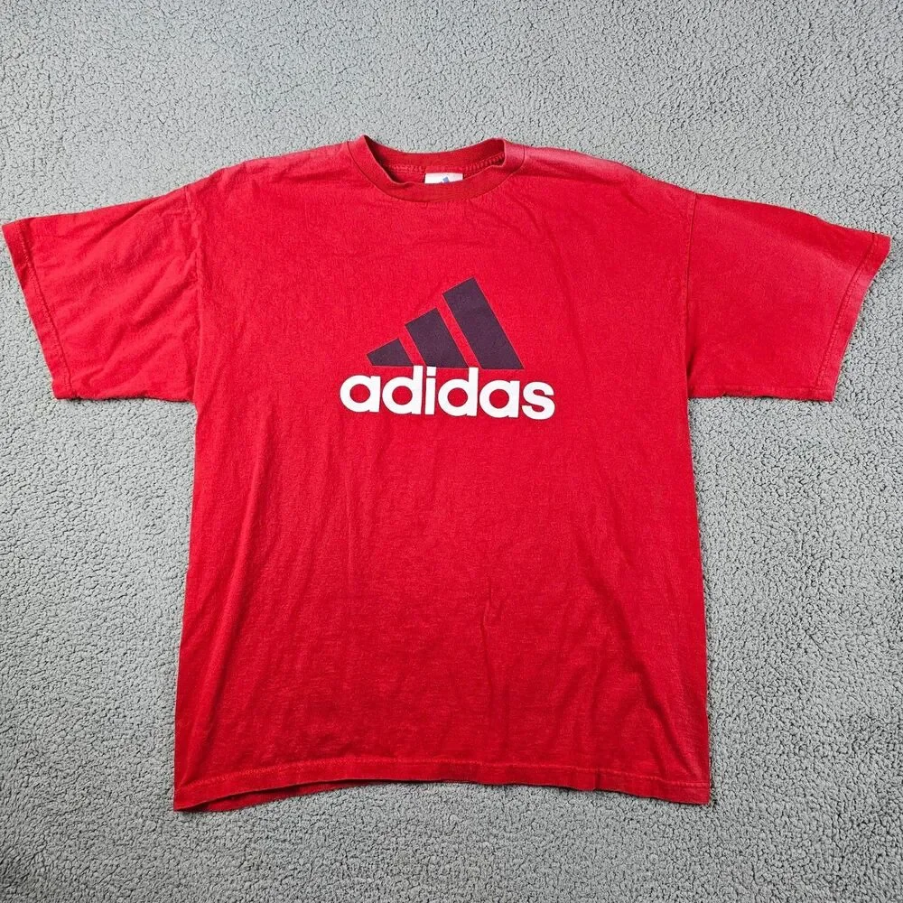 Vintage Adidas Shirt Mens Large Red USA Made Big Logo Graphic Faded 90s Y2K
